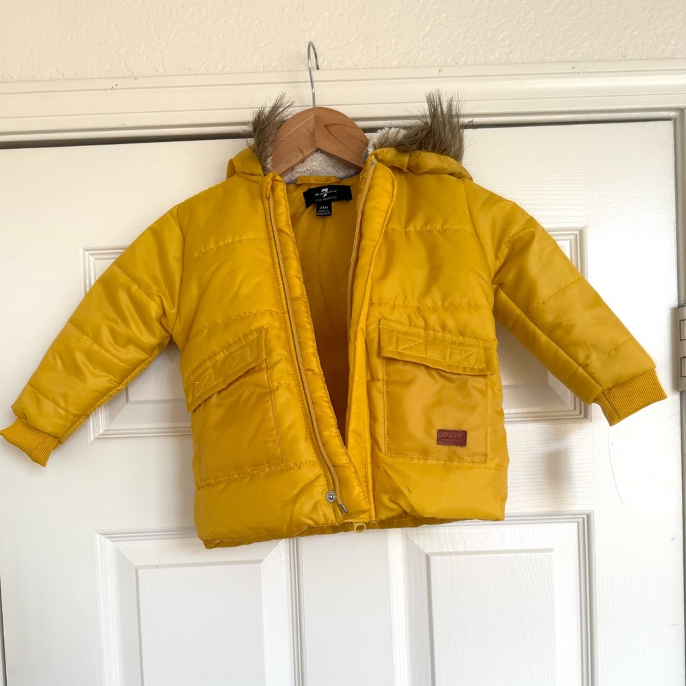 NWT 7 For All Mankind Mustard Yellow Puffer Jacket with Faux Fur Hood 24 M